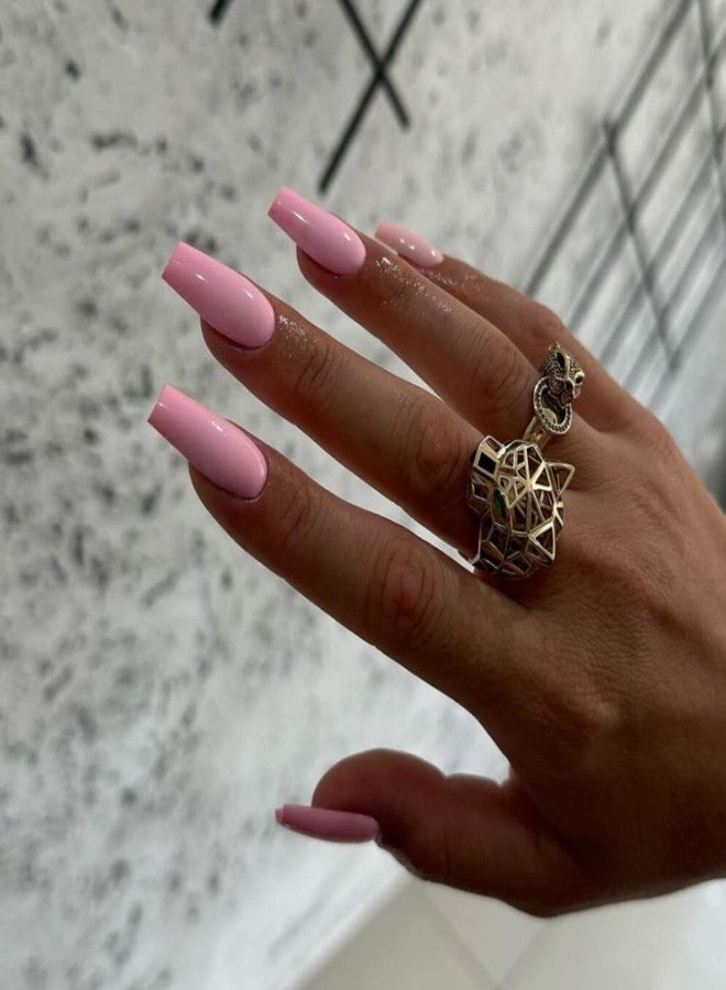 KQueenest Baby Pink Press on Nails Long Medium Square, Light Rose Pink Fake Nails Medium Coffin, Glossy Sheer Color Acrylic Nails Press ons, Reusable Bright Soft Gel Glue on Nails for Women Summer - Image 2